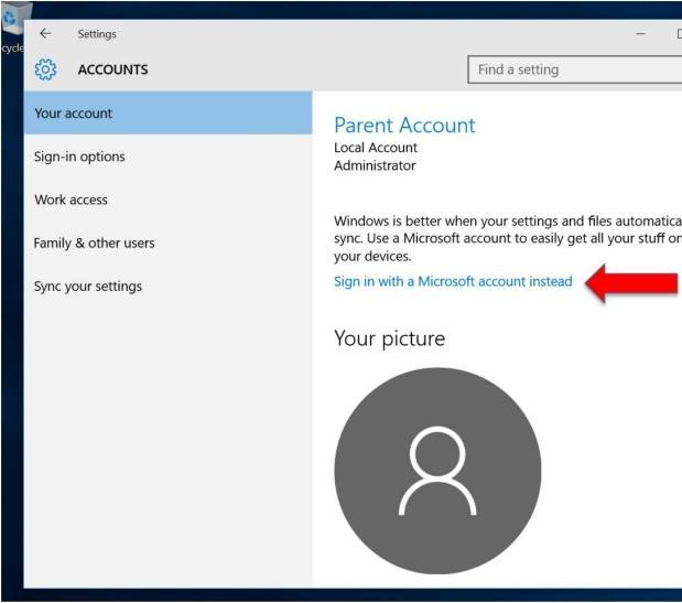 2. Tap/Click on Settings 3. Tap/ Click on Accounts 4. Click on Sign in with a Microsoft Account Instead 5.