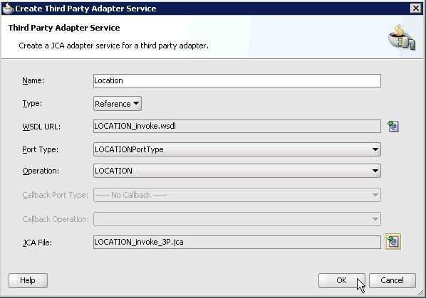 Designing an Outbound BPM Process Using Transformations for Service Integration Figure 6 11 Create Third Party Adapter Service Dialog 12. Click OK.