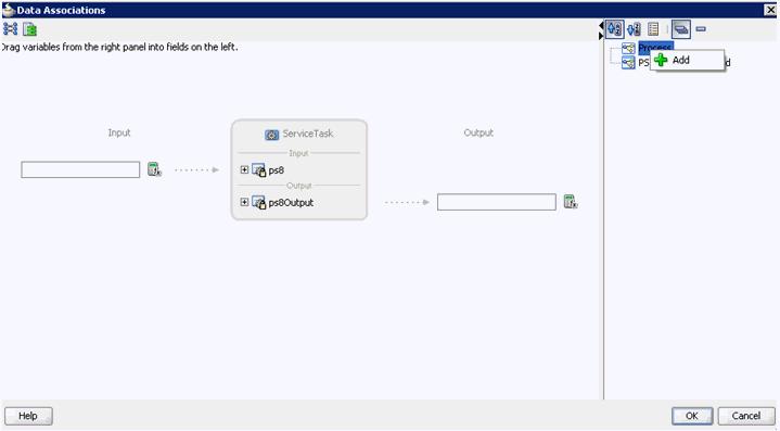 Designing an Outbound BPM Process Using Transformations for Service Integration Figure 6 25 Data Associations Dialog 13. Right-click the Process node in the right pane and select Add.