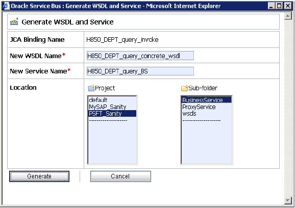 Configuring Outbound Processing Using Oracle Service Bus (J2CA Configuration) Figure 7 12 WSDL Name and New Service Name Fields 5.