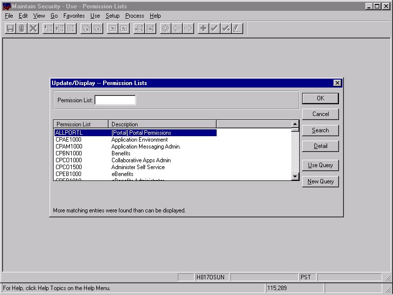 The Permission Lists dialog is displayed, as shown in Figure C 7. Figure C 7 Permission Lists Dialog Before Security can be set, you must identify the permission lists.