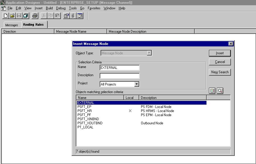Configuring Application Messaging in PeopleSoft Release 8.1 The Insert Message Node dialog is displayed, as shown in Figure D 17.