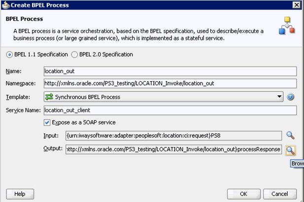 Designing an Outbound BPEL Process for Service Integration Figure 4 28 Type Chooser Dialog 5. Expand Project Schema Files, LOCATION_invoke_request.xsd, and select PS8. 6. Click OK.