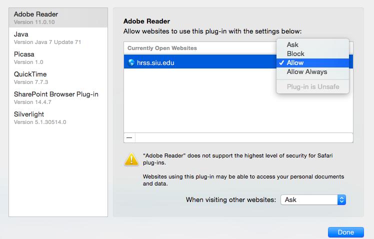 A section relative to the Adobe Reader Plug-in settings appears on the right. Under Currently Open Websites change Ask to Allow by clicking on the set of arrows to the right.