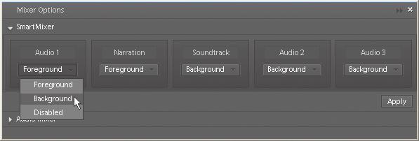 3 In the upper-right corner of the My Project panel, click the Audio Tools drop-down list, and choose SmartMix > Options. Adobe Premiere Elements opens the Mixer Options dialog.