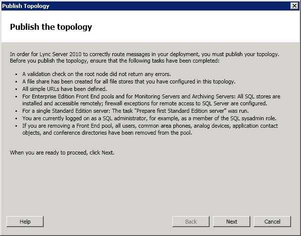Figure 3-12: Publishing Topology The Publish Topology screen is