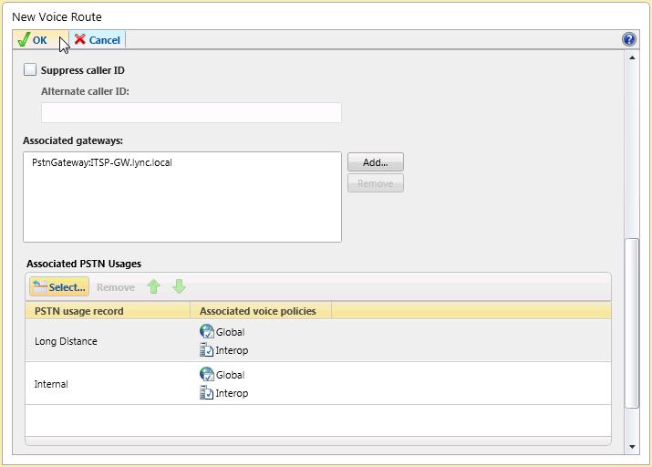 In the Associated PSTN Usages toolbar, click Select and add the associated PSTN Usage.