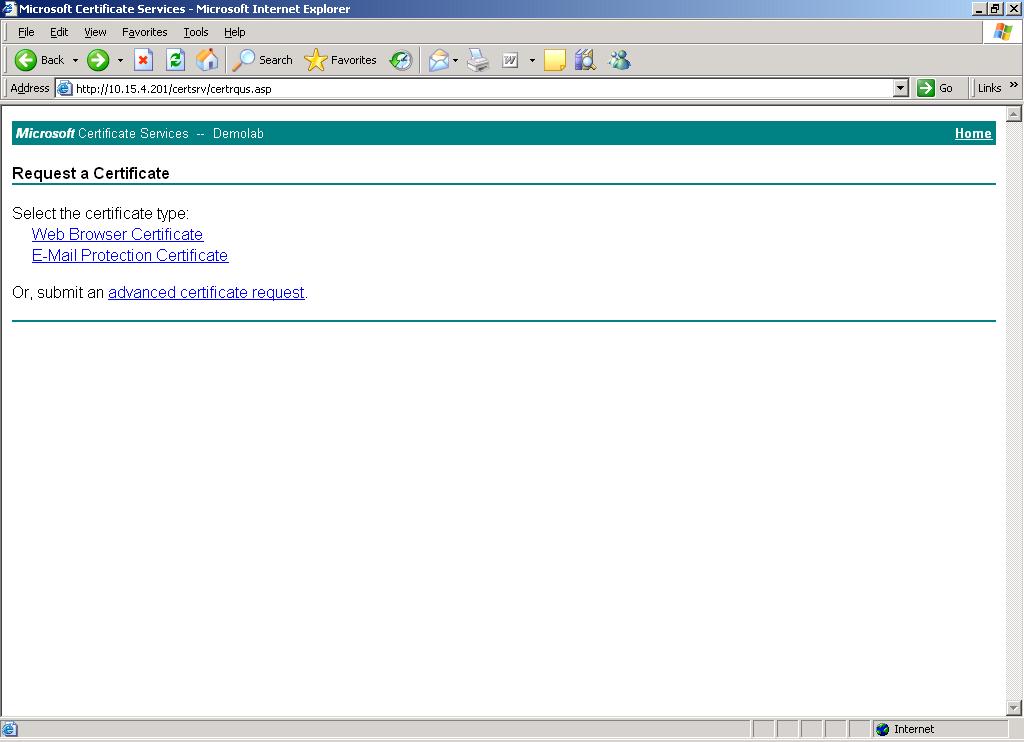 Figure 4-20: Microsoft Certificate Services Web Page 6. Click the link Request a Certificate.