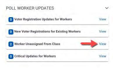 2.1.7 Poll Worker Updates Updates regarding the status of poll workers can be found in Poll Worker Updates on the Dashboard. 2.1.7.1 Worker Unassigned from Class Poll workers requiring assignment to a training class are found and managed in the Worker Unassigned From Class component of Poll Worker Updates.