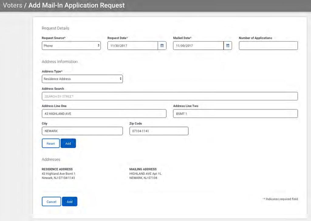 The Add Mail-In Application Request page displays. 3. Ensure the Request Details fields below are filled out to completion: Request Source Request Date Mailed Date Number of Applications 4.