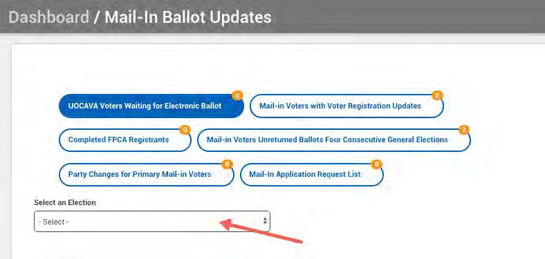 The Mail-In Ballot Updates page displays. 4. From the Select an Election drop-down menu, select the desired election.