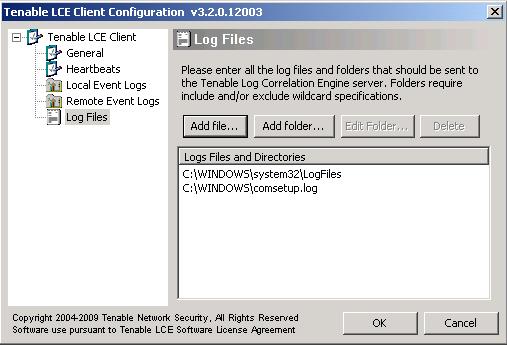 If you choose to add a log folder, a dialog box will be displayed allowing you to to specify which log files you wish to include or exclude.