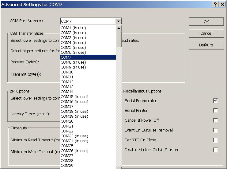 Figure 4 Screen, Device Manager COM Port Setting 8) Click the COM Port Number drop down menu and select a COM Port (not in use) between 1 and 16 as shown in Figure 4.