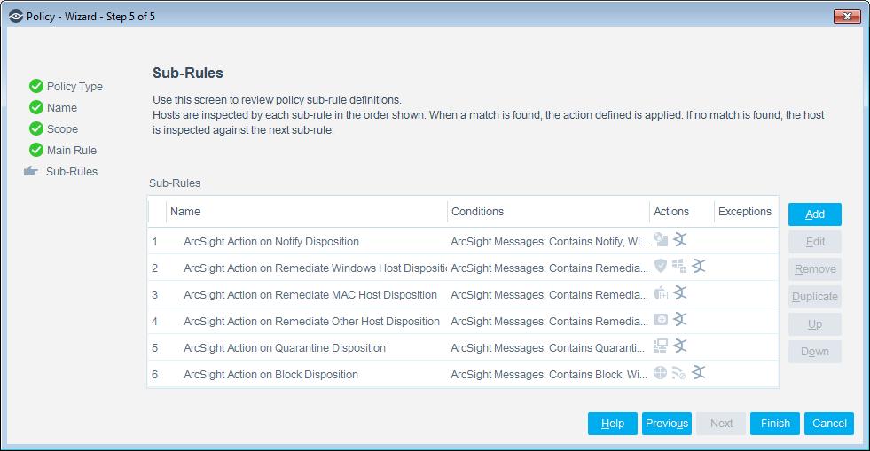 11. Select Finish. 12. On the CounterACT Console, select Apply to save the policy. ArcSight Send SIEM Updates Template Use this template to periodically send host information to ArcSight Console.