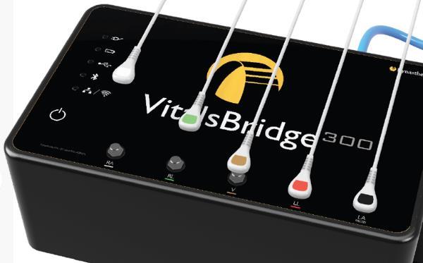 The VitalsBridge 200 and 300 are supplied with connections for up to 5 ECG leads (RA, RL, V, LL, and LA).
