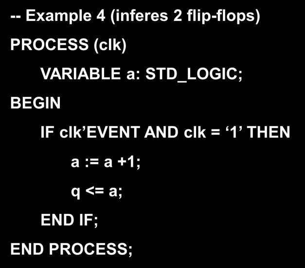 Examples -- Example 4 (inferes 2 flip-flops) PROCESS (clk) VARIABLE a: STD_LOGIC; IF clk EVENT AND clk = 1 THEN a := a +1; q <= a; -- Example 5 (inferes 1