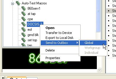 2. From the Global Tab, find the new macro that you created and right-click on its name. From the pop-up menu, select Transfer to Device (specific device) or Send to Outbox (TDM users).