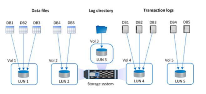 LUNs of the database from Snapshot copy. Case 2: Storage Layout for Small- to Medium-Size Databases on LUNs Figure 7) Storage layout for small- to medium-size databases on LUNs.