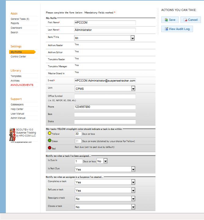 7. My Profile SCOUT Suspense Tracker V10.0 Clicking the left-hand menu item My profile allows you to edit your personal information the database (See Figure 55).