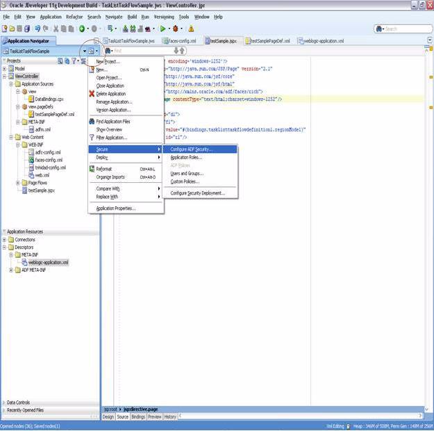 Samples: Customizing ADF Applications with Oracle Business Process Management Workspace Task Flows Figure A 17 Navigating to Secure the Application The Enable ADF
