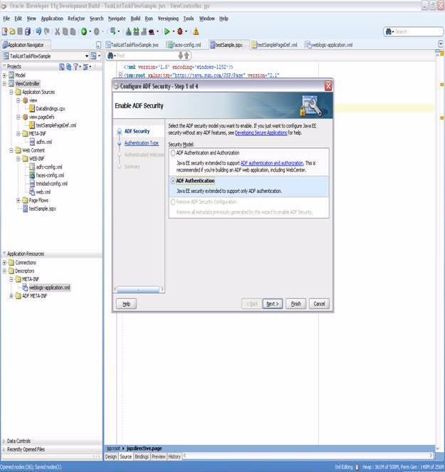 Samples: Customizing ADF Applications with Oracle Business Process Management Workspace Task Flows Figure A 18 Selecting ADF Authentication Click Next.