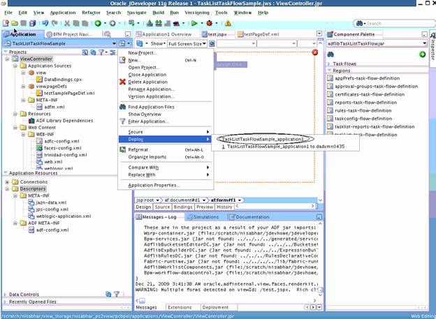 Samples: Customizing ADF Applications with Oracle Business Process Management Workspace Task Flows Figure A 20 Deploying the Application