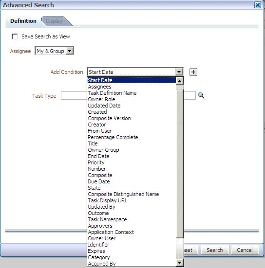 Working with the Process Workspace Tasks Page Figure 3 8 Adding Filters for an Advanced Search on Tasks Table 3 3 describes the available conditions.
