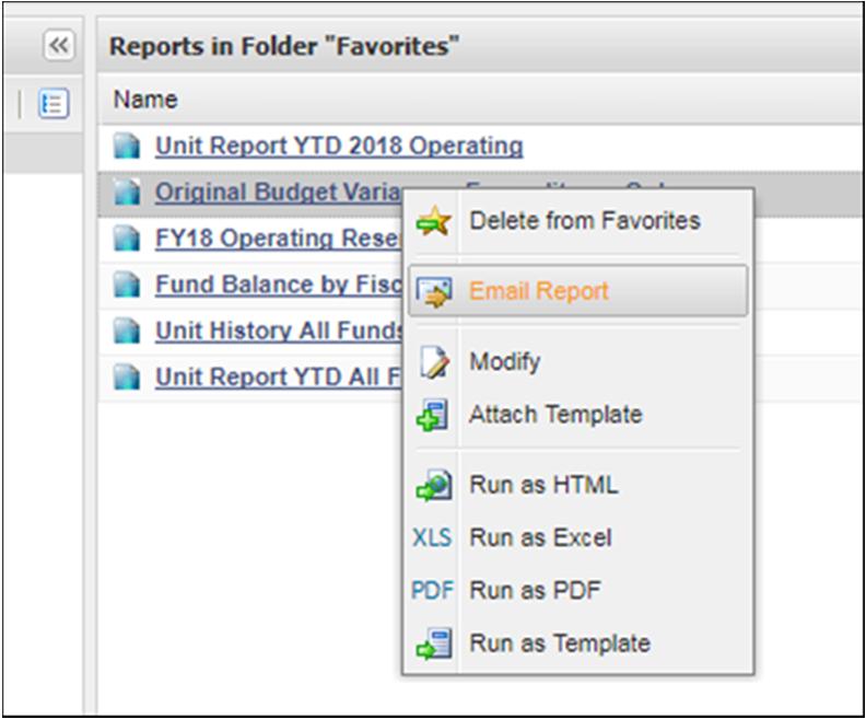 Emailing Reports You can send a report to another Adaptive user via Adaptive directly. There are two ways of doing so. A. The first way is directly from the Reports folder.