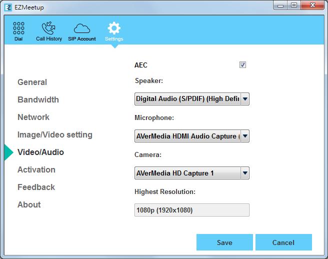 Video/Audio Setup video parameters and audio devices. AEC: Mark check box to reduce the echo. Speaker: Select the speaker device that EZMeetup has detected on your computer.