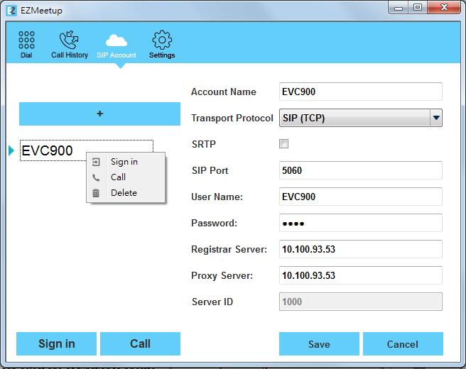 If EVC/SVC SIP server site Proxy Server: Enter the IP address of EVC/SVC system that user wants to call. Server ID: Click Save, When SIP Sever is connected, the server ID is display.