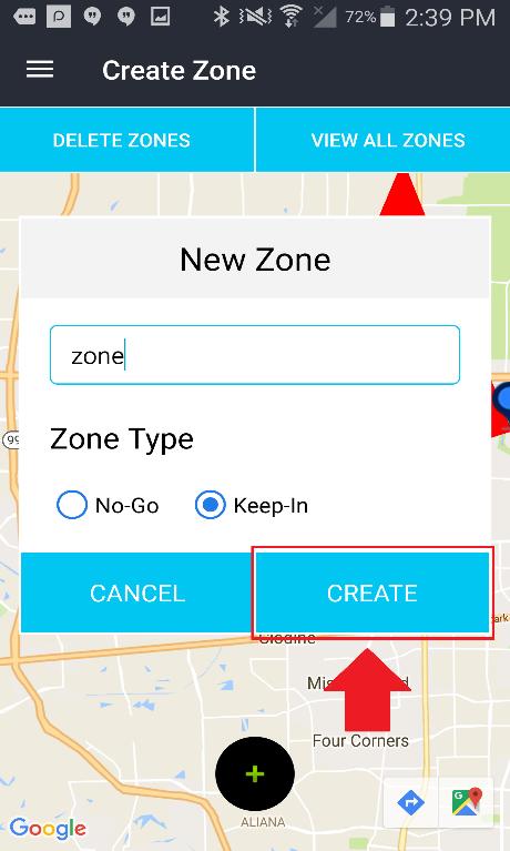 Once you have plotted your custom zone on the map, the app will prompt you to enter a new for the zone as well as the type of zone you are