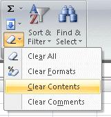 Deleting Cell Contents Cell contents are erased by using the keyboard or the Ribbon. To delete cell contents Click on the required cell or highlight a group of cells. Click the Clear button, Contents.