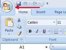 Microsoft Office Button In the upper-left corner of the Excel 2007 window is the Microsoft Office button. When you click the button, a menu appears.