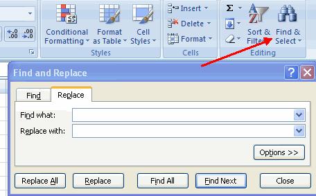 Find and Replace To find data or find and replace data: Click the Find & Select button on the Editing group