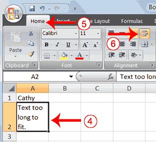 4. Return to cell A2. 5. Choose the Home tab. 6. Click the Wrap Text button. Excel wraps the text in the cell.