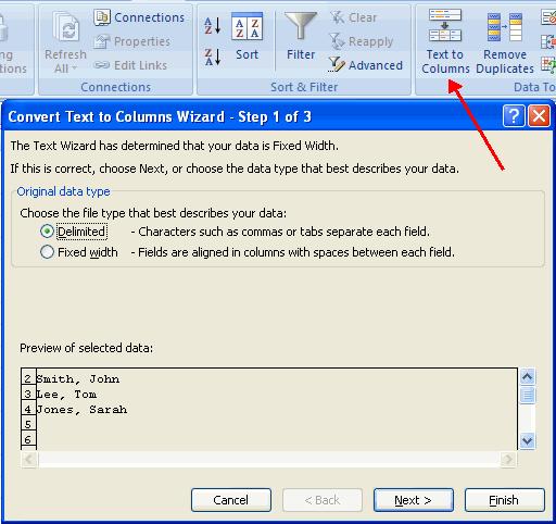 Format Worksheet Convert Text to Columns Sometimes you will want to split data in one cell into two or more cells. You can do this easily by utilizing the Convert Text to Columns Wizard.