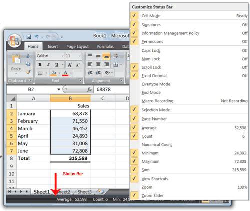 The Status bar appears at the very bottom of the Excel window and provides such information as the sum, average, minimum, and maximum value of selected numbers.