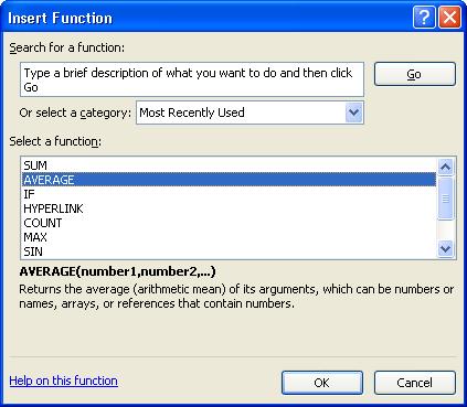 The Insert Function dialogue box shows a list functions. These are the just the common ones.