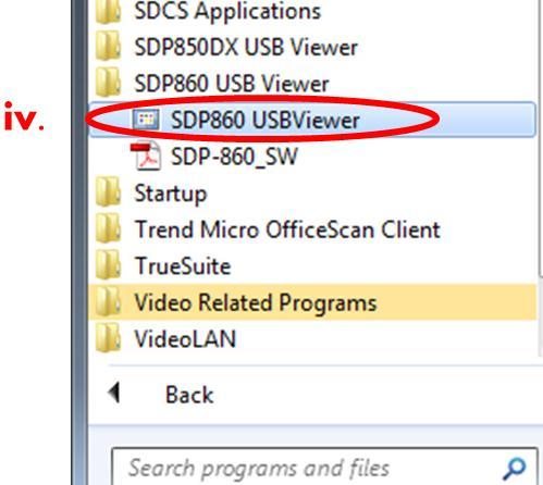 Click on All Programs iii. Scroll down to SDP860 USBViewer folder and click once. iv. Double click on the SDP860 USBViewer icon to open the program.