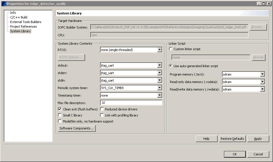 Figure 28. System Library Setting for edge_detector_syslib 10. Click Cancel after you review the System Library settings. 11.