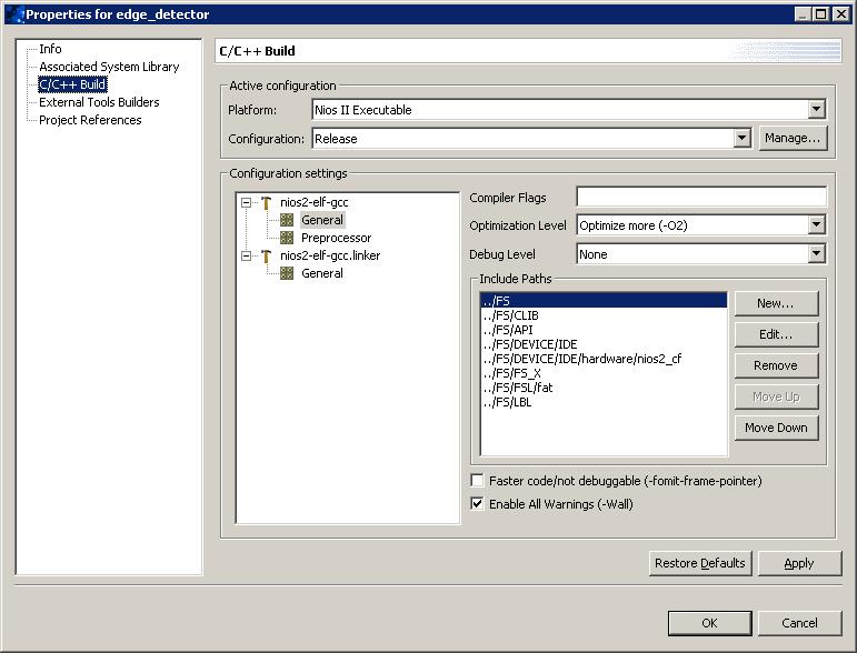 Run the Software Application Figure 29. Project Setting for edge_detector 13. Click Cancel after you review the project settings. You can review the C source files within the Nios II IDE.