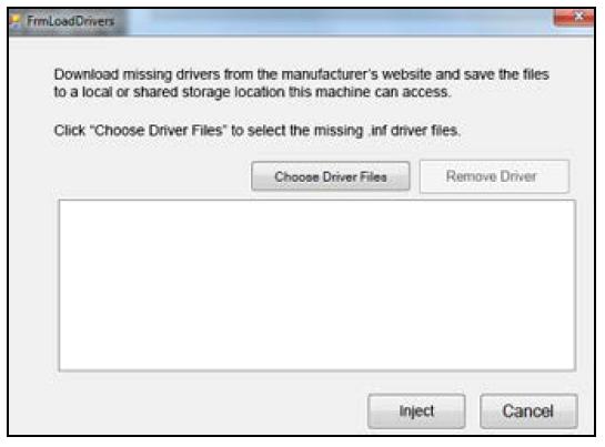 The Missing Drivers screen is displayed. 6. Add missing drivers and click the Inject button. 7.