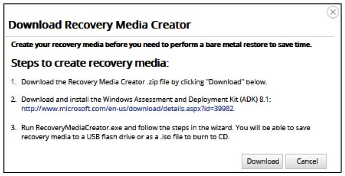 3. At the Physical Imaging title, click the Recovery Media Creator The Download Recovery Media Creator screen is displayed. icon 4. Click the Download button.