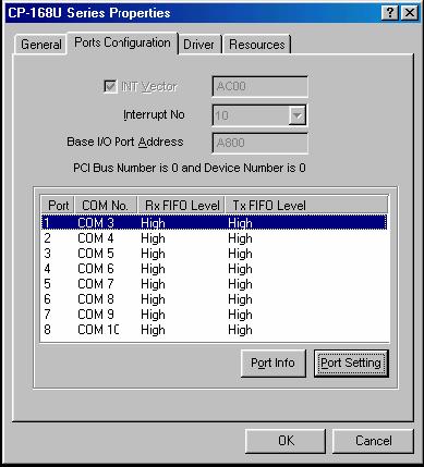 Software Installation 3. On the Ports Configuration tab, select a port to configure and click Port Setting. 4. Under Port Number, select a COM number to assign to the serial port.