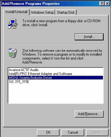 Software Installation Removing the Driver 1. In the Windows Control Panel, open the Add/Remove Programs applet. On the Install/Uninstall tab, select Moxa Smartio/Industio Driver and click Add/Remove.