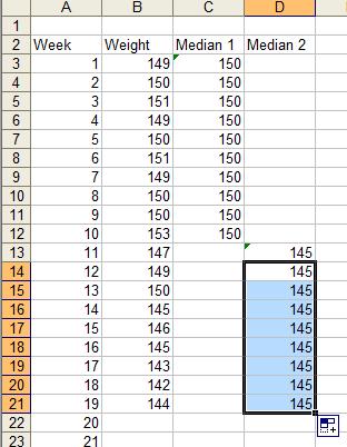 Median 2 Step 5: As above Step 6 Drag the bottom corner of the cell to the bottom of your last data item. Then continue with the rest of the steps to complete the run chart.