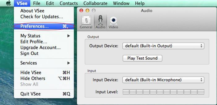 ) b. Upon restarting VSee, please click on "VSee" at the top left corner of your screen, and select "Preferences...".Select the "Audio" button in the top left-hand corner of the window that appears, Make sure you have selected the right microphone and speaker device.