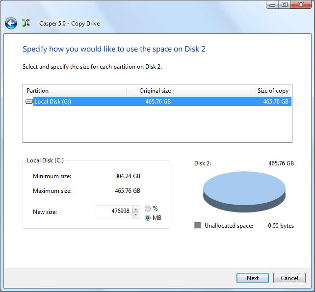 When prompted to specify how the space on the backup hard disk is to be used, retain the default selection and click Next.