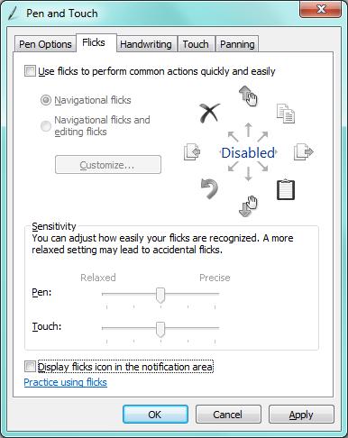 The following window will appear. Under the "Flicks" tab... Un Check (if needed) both Boxes for Flicks. You will be back to the "Tablet PC Settings" window.