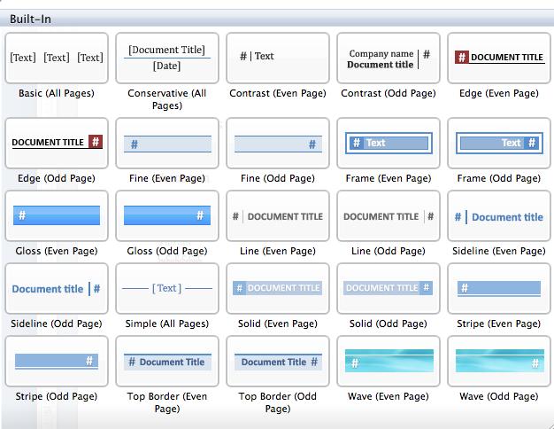 Headers and Footers The following explains how to include headers and footers within your document. 1. Click the Document Elements tab on the ribbon. 2.